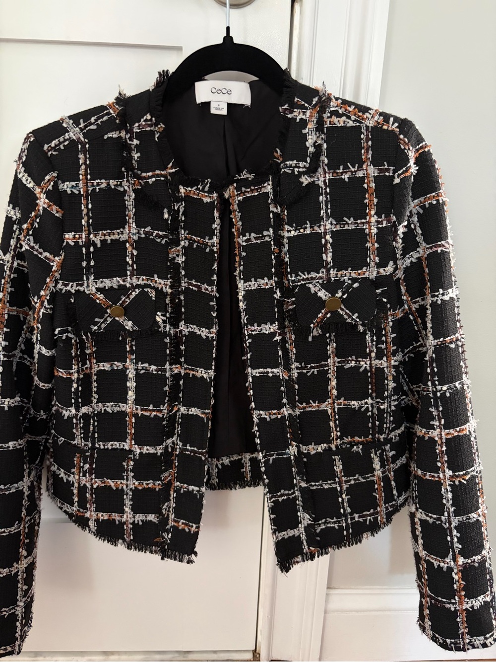 CeCe Black Plaid Tweed Cropped Blazer with Brown & White Windowpane
